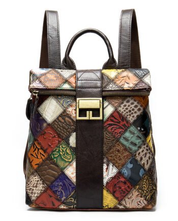 The First Layer Cowhide Ethnic Style Stitching Covered Backpack