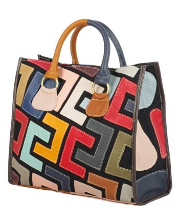 Color Contrast Geometric Pattern Stitching Crossbody Leather Handbag